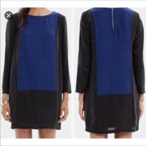 Madewell Color Block Silk Mini Dress Long Sleeves  Blck & Blue Lined Sz S Zip